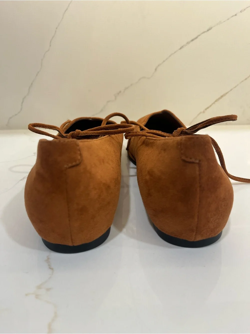 NWOT SUIARA Cognac Suede Square Toe Lace-Up Ballet Flats